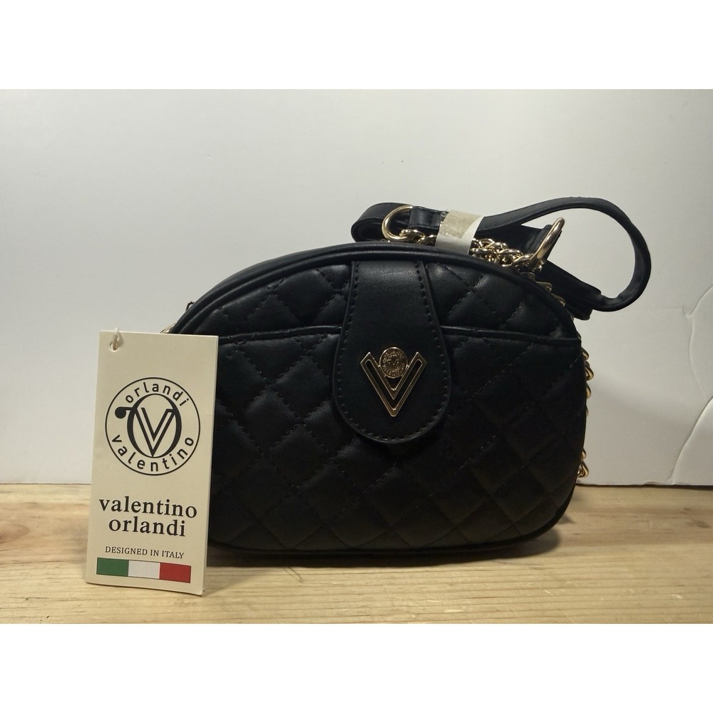 Valentino Orlandi Women's Black Quilted Crossbody Bag Gold Chain Strap Zip NWT